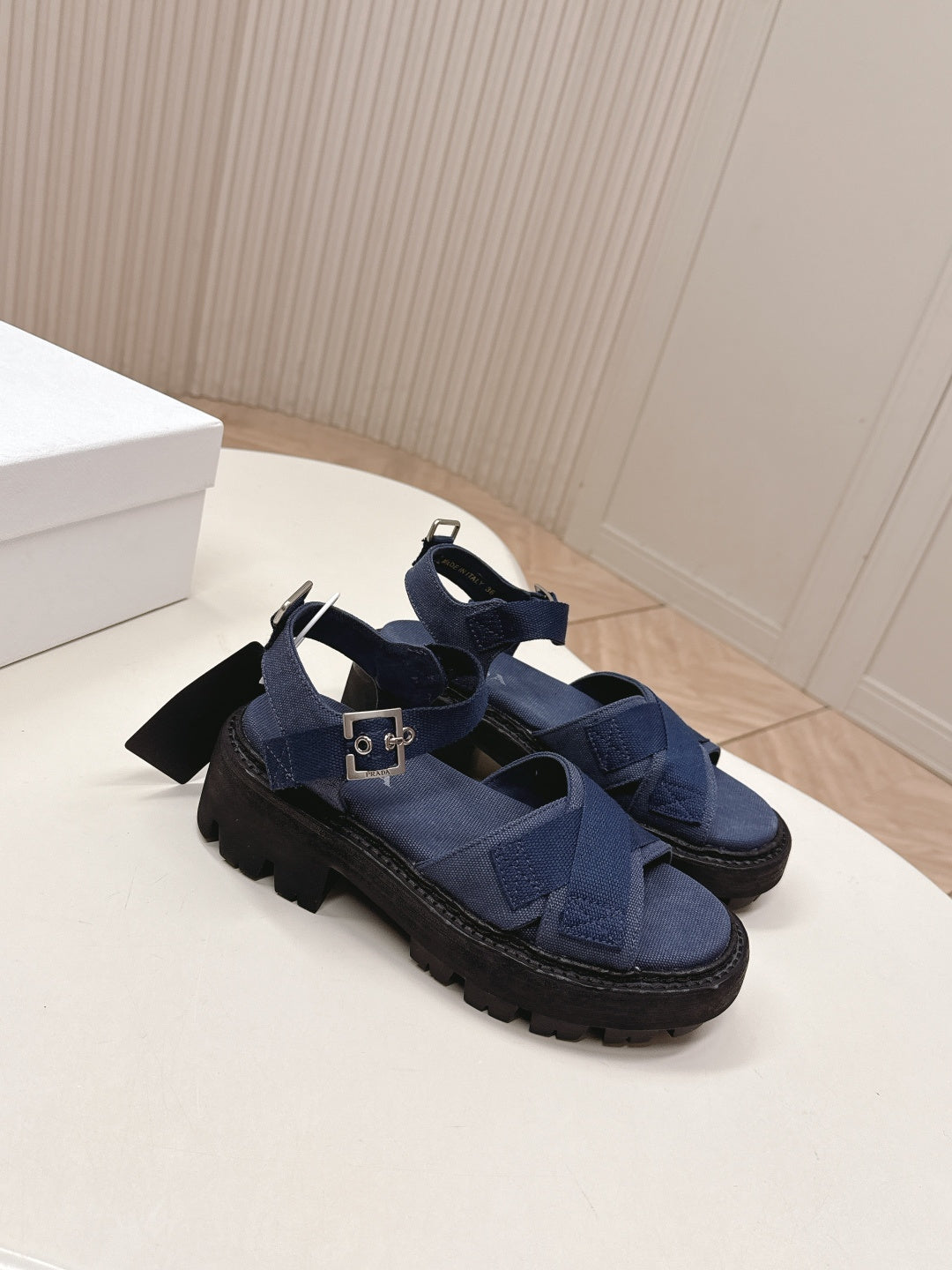 PRADA 26S CROSS STRAP CHUNKY SOLE SANDALS IN NAVY BLUE CANVAS