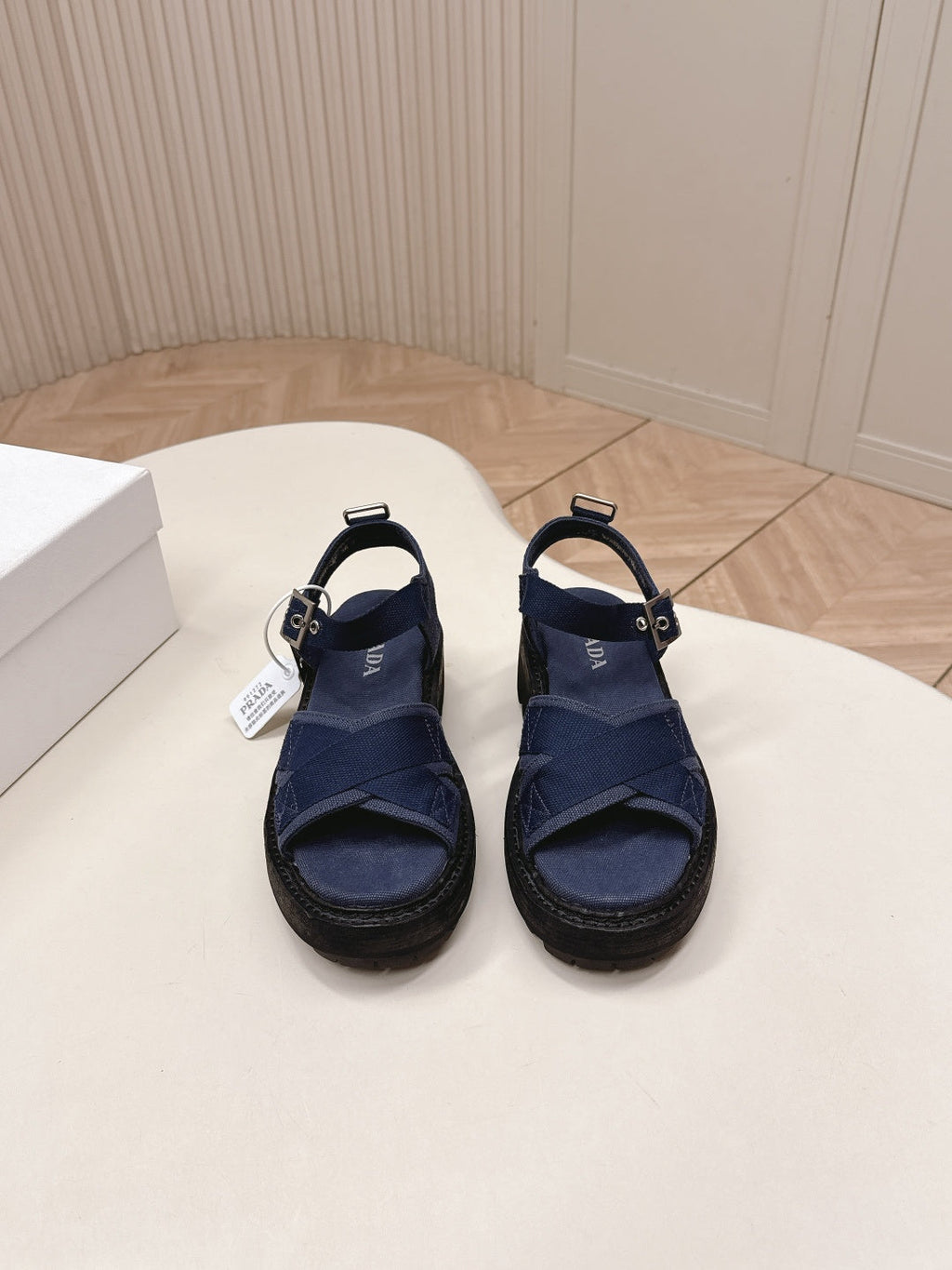 PRADA 26S CROSS STRAP CHUNKY SOLE SANDALS IN NAVY BLUE CANVAS