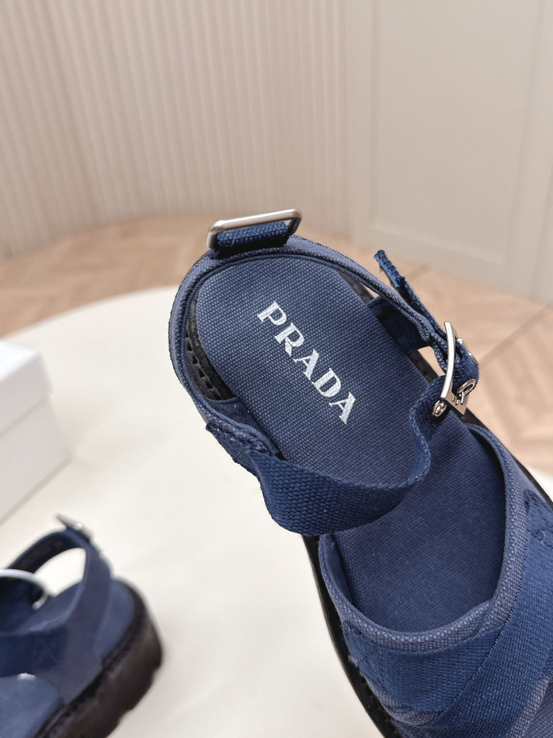 PRADA 26S CROSS STRAP CHUNKY SOLE SANDALS IN NAVY BLUE CANVAS