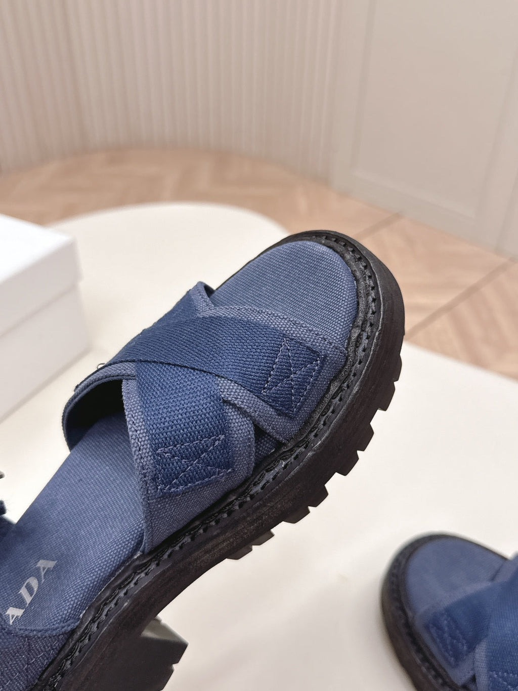 PRADA 26S CROSS STRAP CHUNKY SOLE SANDALS IN NAVY BLUE CANVAS