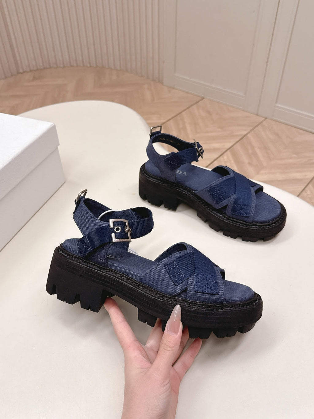 PRADA 26S CROSS STRAP CHUNKY SOLE SANDALS IN NAVY BLUE CANVAS