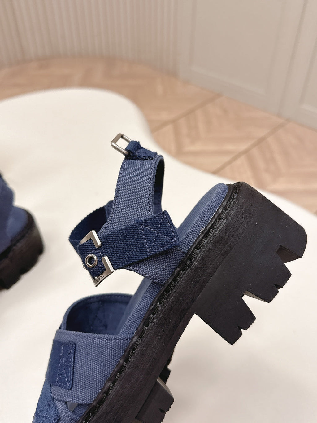 PRADA 26S CROSS STRAP CHUNKY SOLE SANDALS IN NAVY BLUE CANVAS