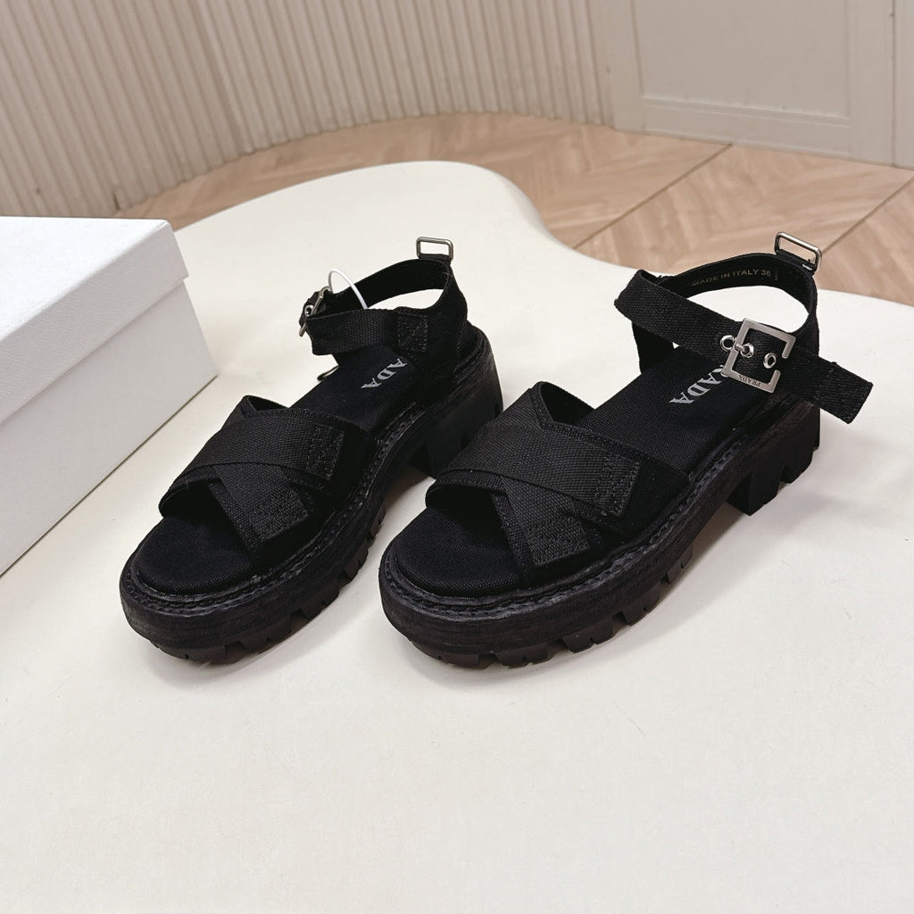 PRADA 26S CROSS STRAP CHUNKY SOLE SANDALS IN BLACK CANVAS