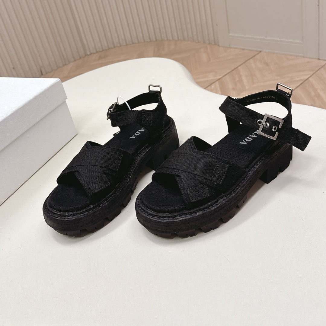 PRADA 26S CROSS STRAP CHUNKY SOLE SANDALS IN BLACK CANVAS