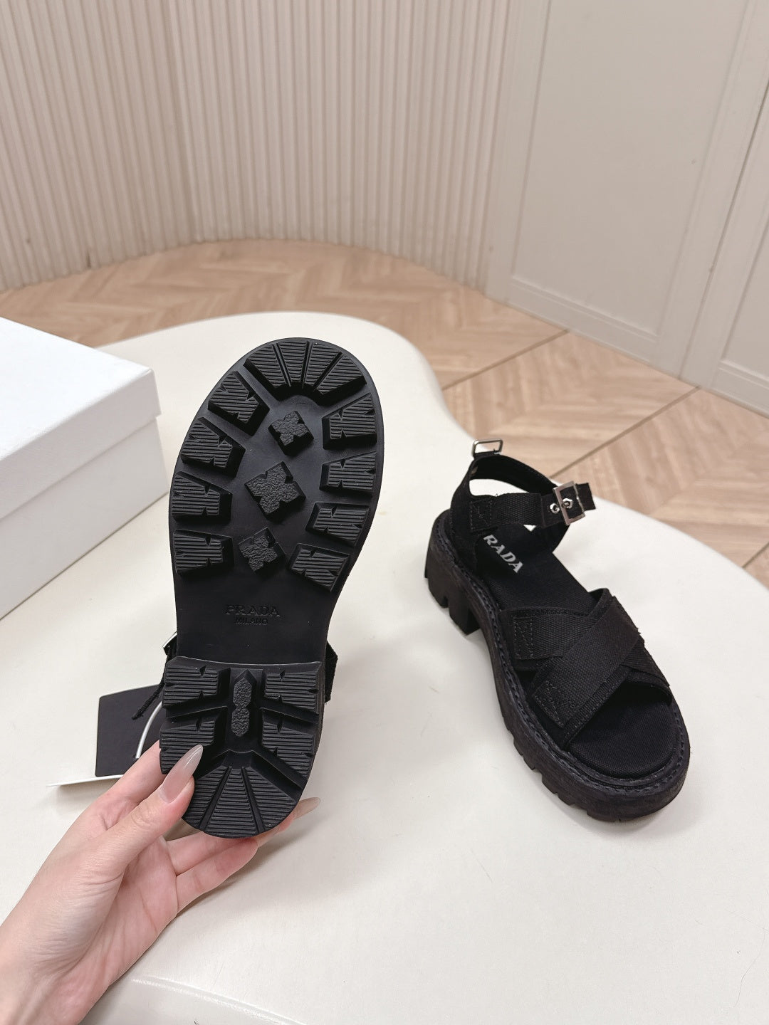 PRADA 26S CROSS STRAP CHUNKY SOLE SANDALS IN BLACK CANVAS
