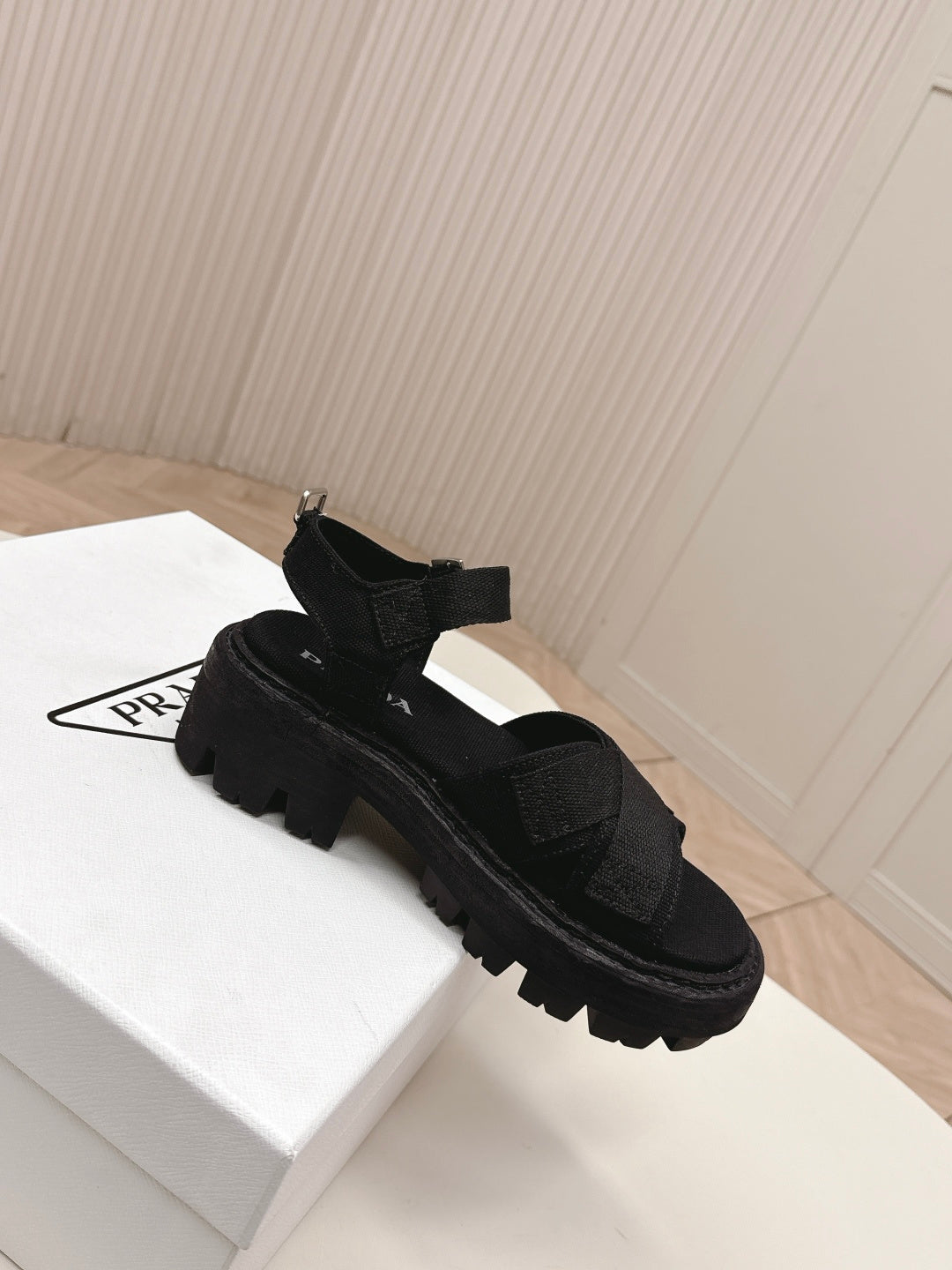 PRADA 26S CROSS STRAP CHUNKY SOLE SANDALS IN BLACK CANVAS