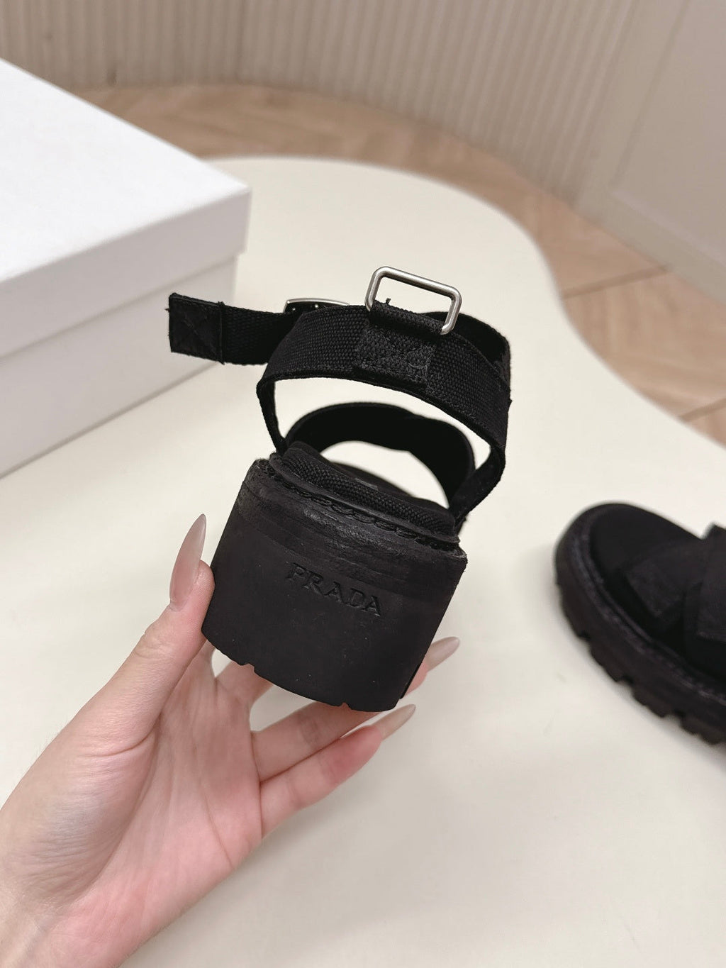 PRADA 26S CROSS STRAP CHUNKY SOLE SANDALS IN BLACK CANVAS