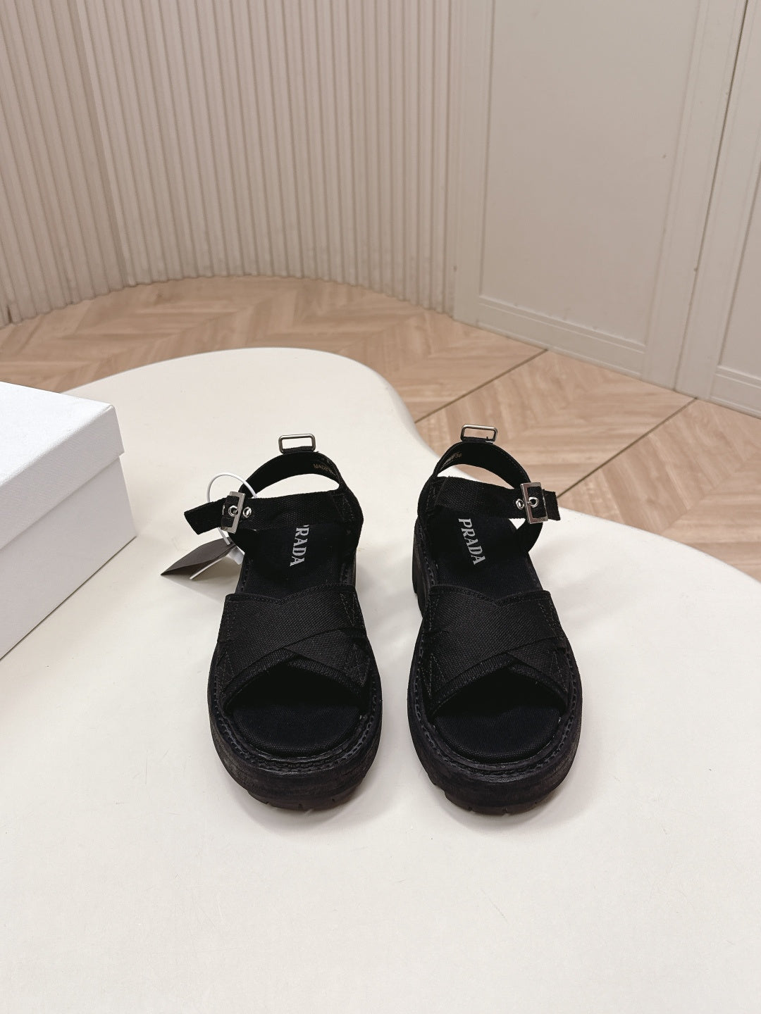 PRADA 26S CROSS STRAP CHUNKY SOLE SANDALS IN BLACK CANVAS