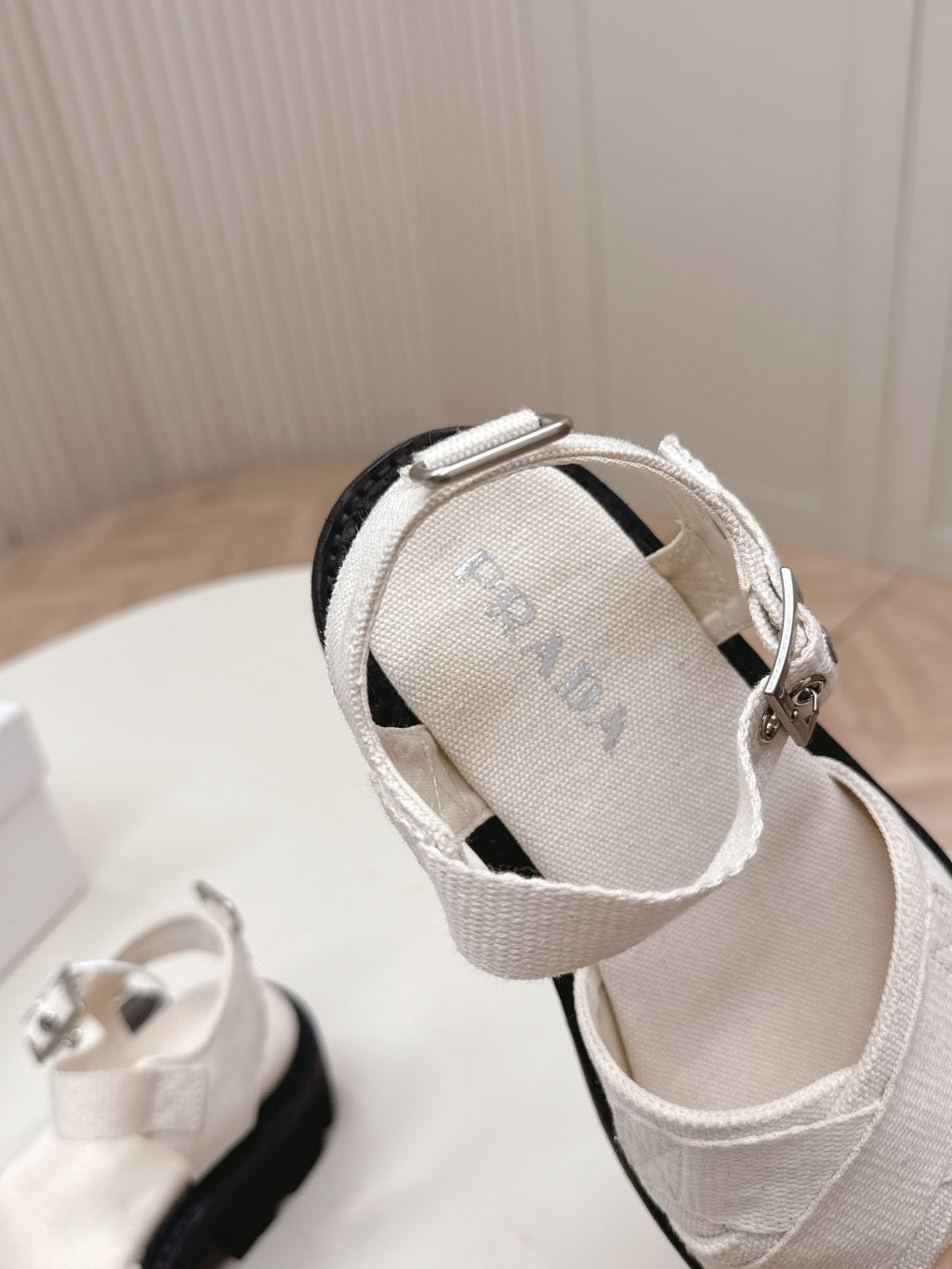 PRADA 26S CROSS STRAP CHUNKY SOLE SANDALS IN WHITE CANVAS
