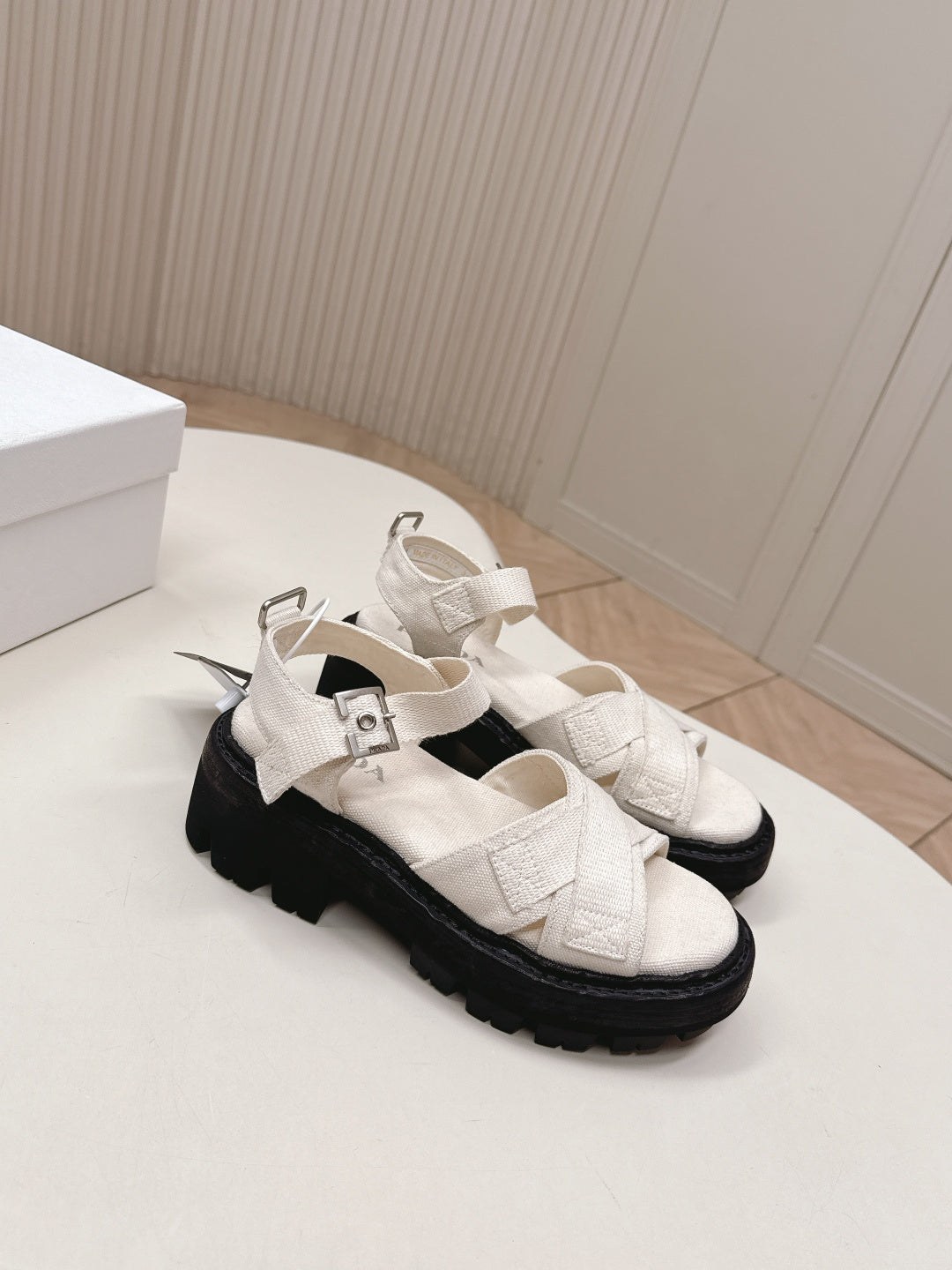 PRADA 26S CROSS STRAP CHUNKY SOLE SANDALS IN WHITE CANVAS