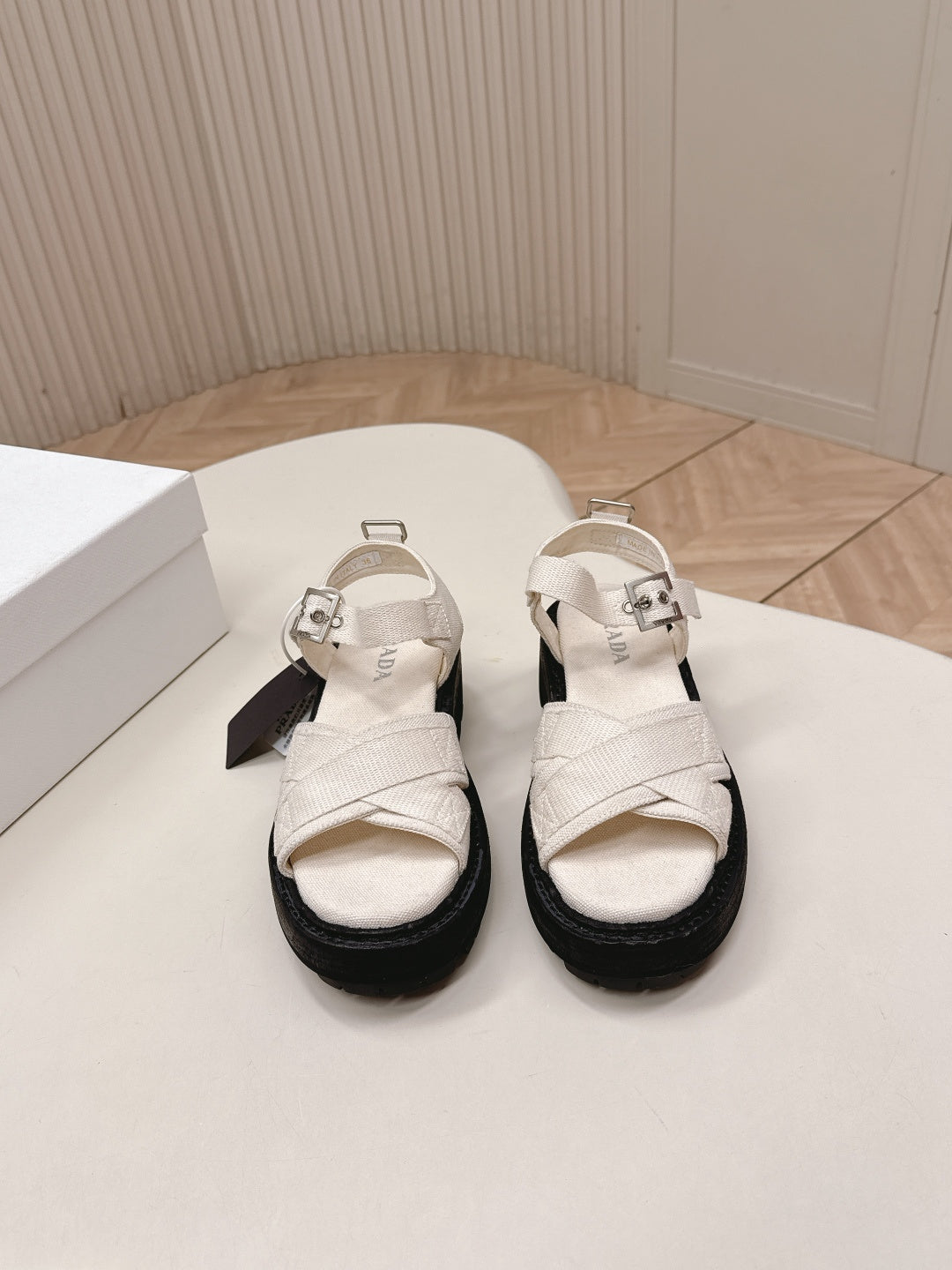 PRADA 26S CROSS STRAP CHUNKY SOLE SANDALS IN WHITE CANVAS