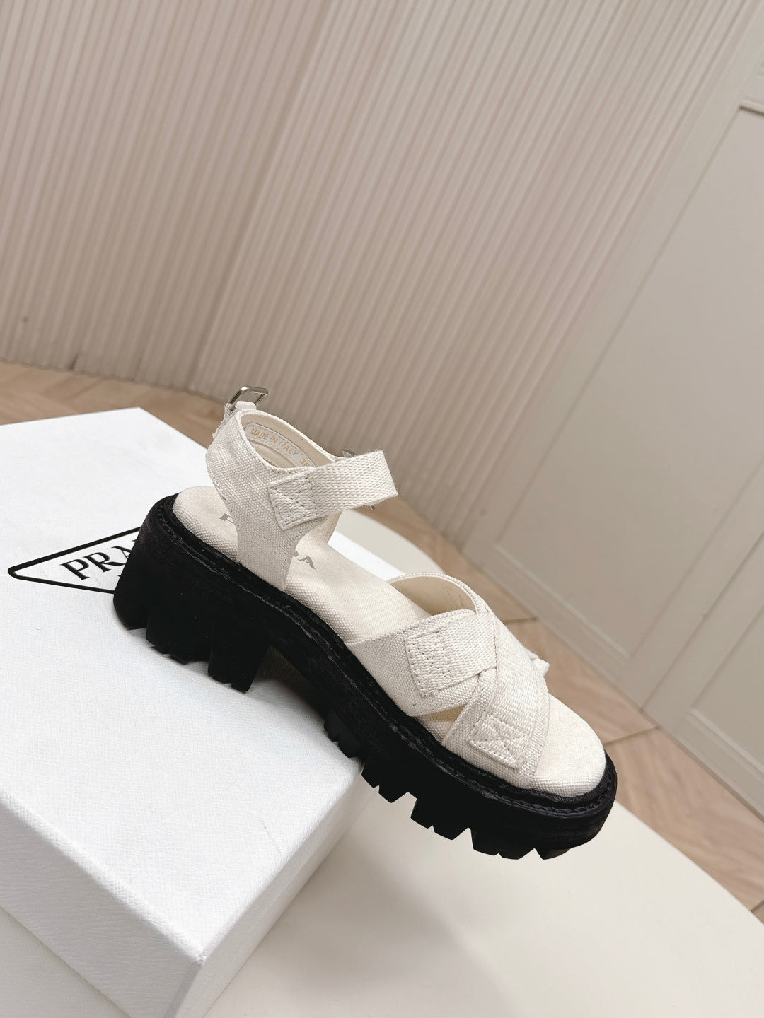 PRADA 26S CROSS STRAP CHUNKY SOLE SANDALS IN WHITE CANVAS