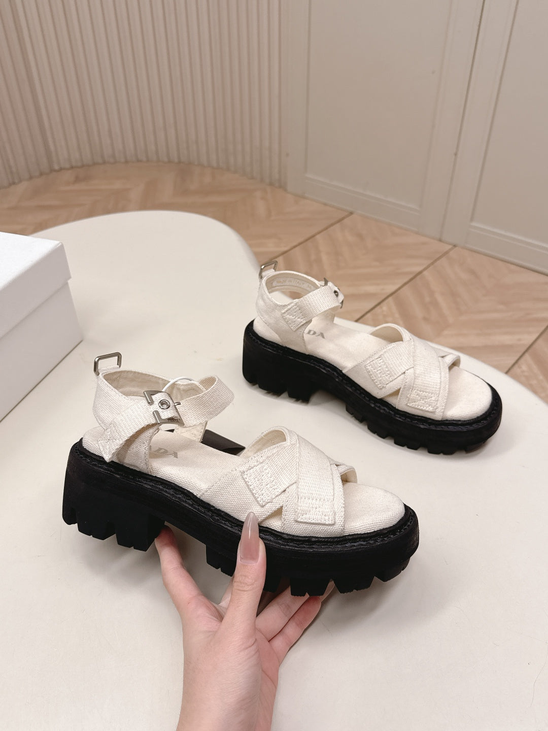 PRADA 26S CROSS STRAP CHUNKY SOLE SANDALS IN WHITE CANVAS