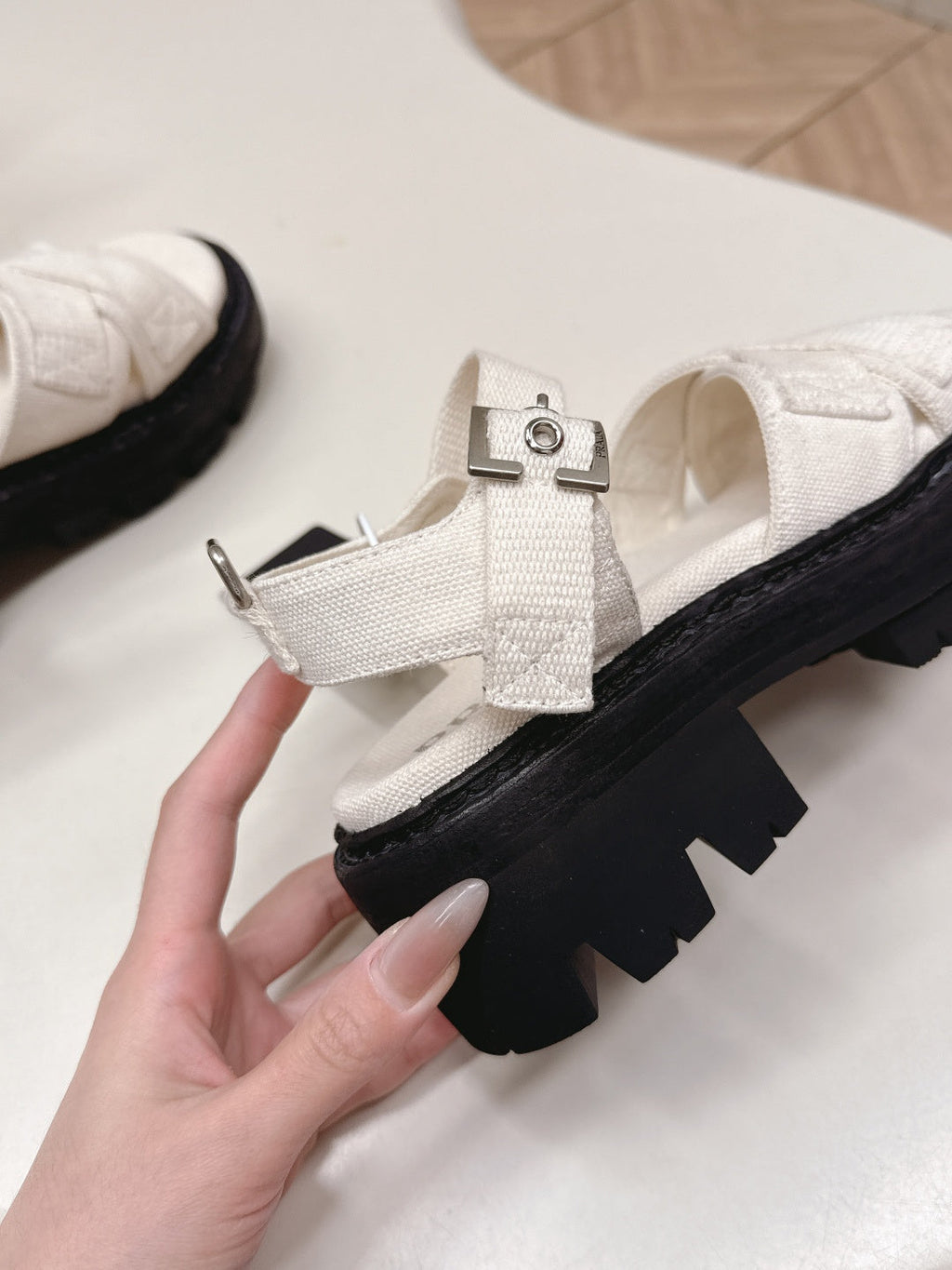 PRADA 26S CROSS STRAP CHUNKY SOLE SANDALS IN WHITE CANVAS