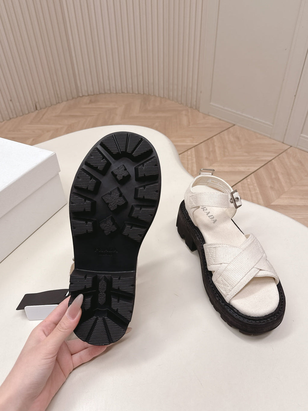 PRADA 26S CROSS STRAP CHUNKY SOLE SANDALS IN WHITE CANVAS