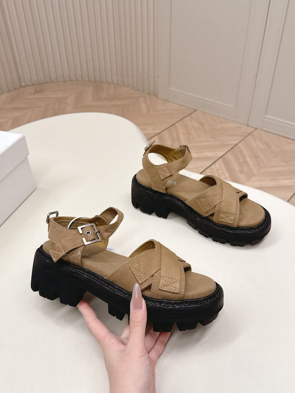 PRADA 26S CROSS STRAP CHUNKY SOLE SANDALS IN BROWN CANVAS