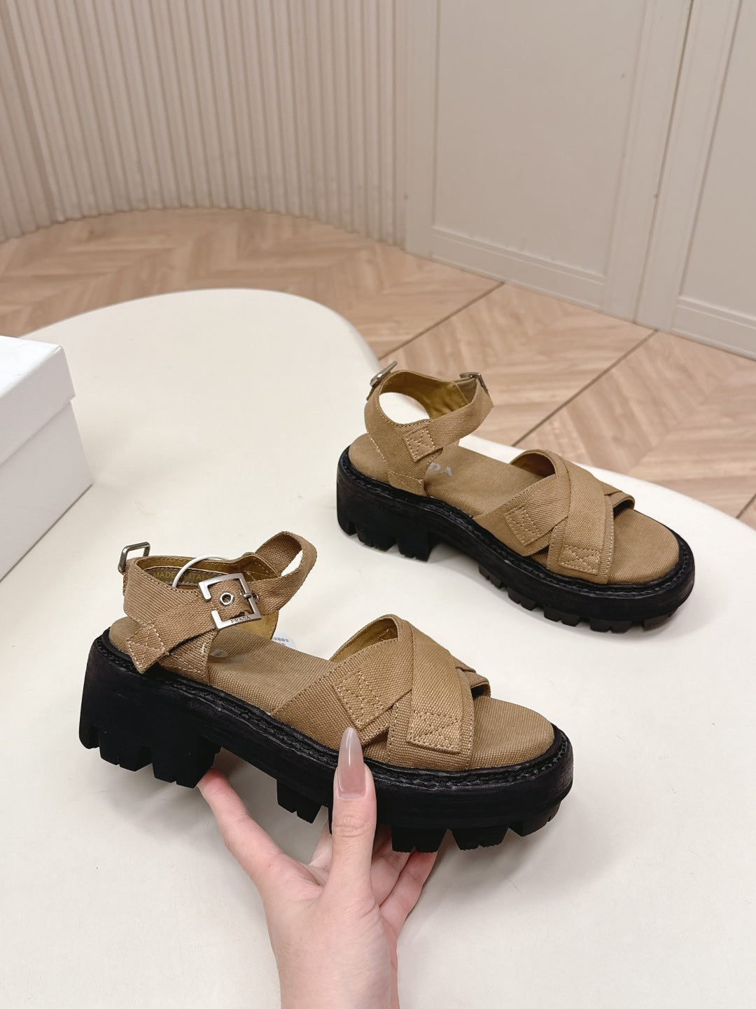 PRADA 26S CROSS STRAP CHUNKY SOLE SANDALS IN BROWN CANVAS