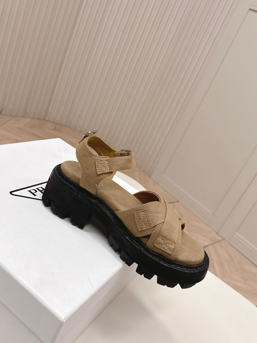 PRADA 26S CROSS STRAP CHUNKY SOLE SANDALS IN BROWN CANVAS