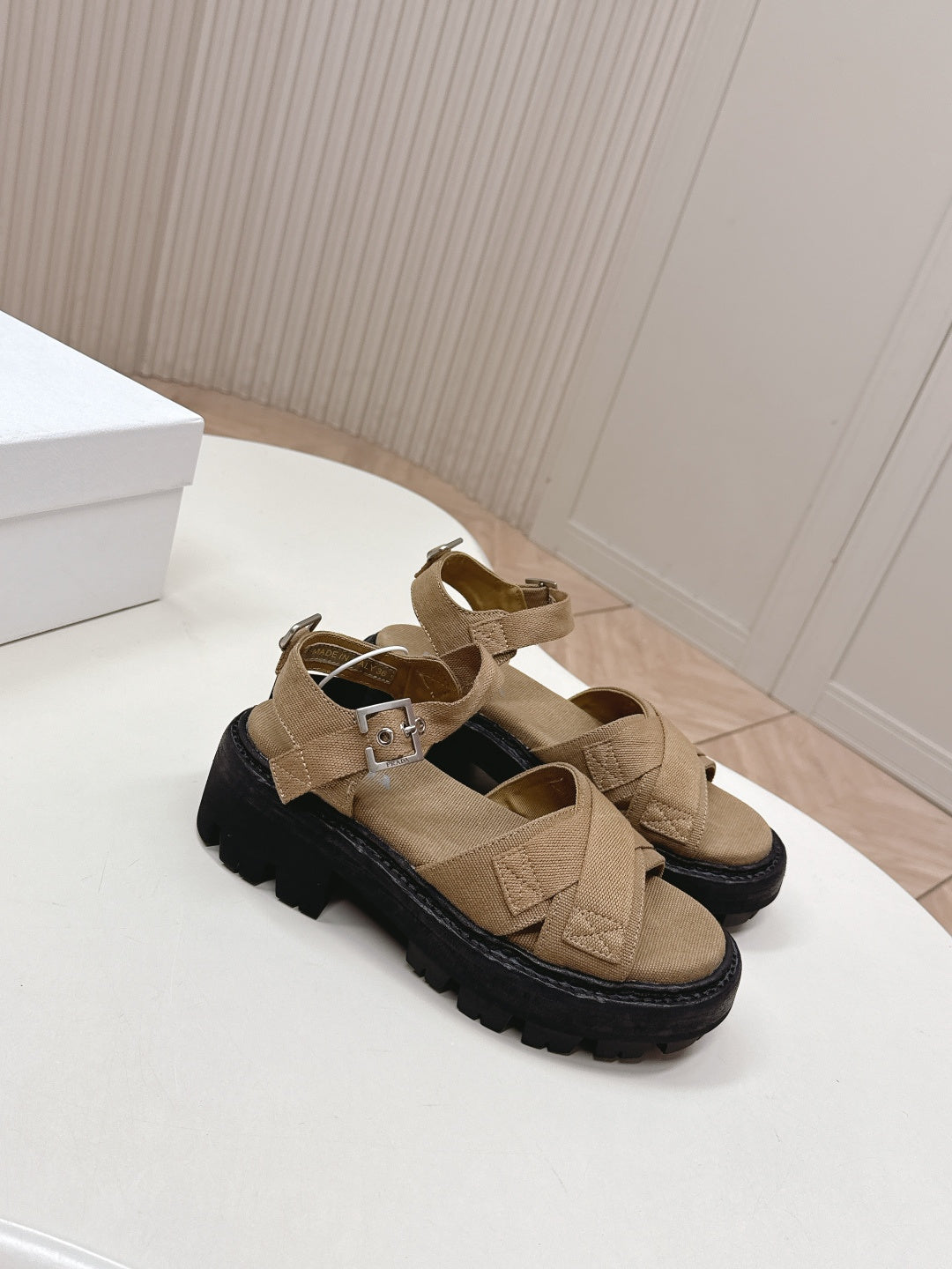 PRADA 26S CROSS STRAP CHUNKY SOLE SANDALS IN BROWN CANVAS