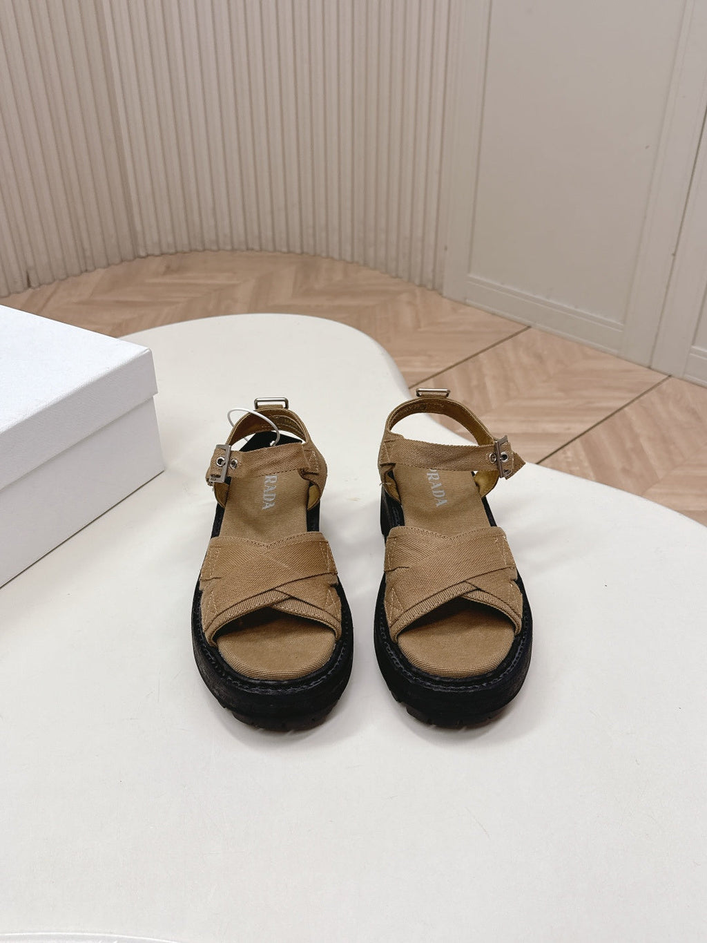 PRADA 26S CROSS STRAP CHUNKY SOLE SANDALS IN BROWN CANVAS