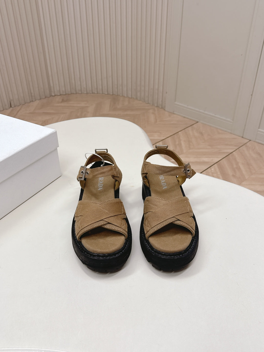PRADA 26S CROSS STRAP CHUNKY SOLE SANDALS IN BROWN CANVAS
