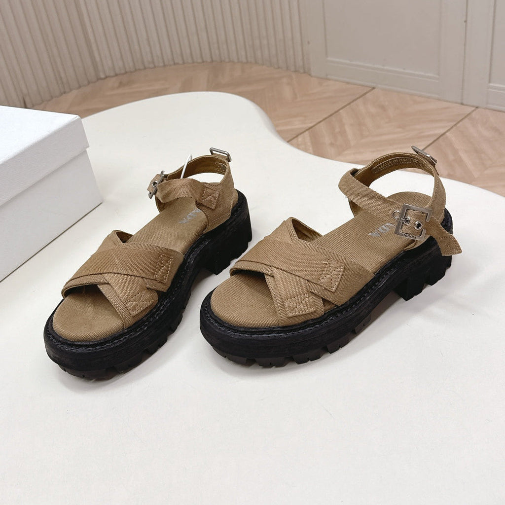 PRADA 26S CROSS STRAP CHUNKY SOLE SANDALS IN BROWN CANVAS