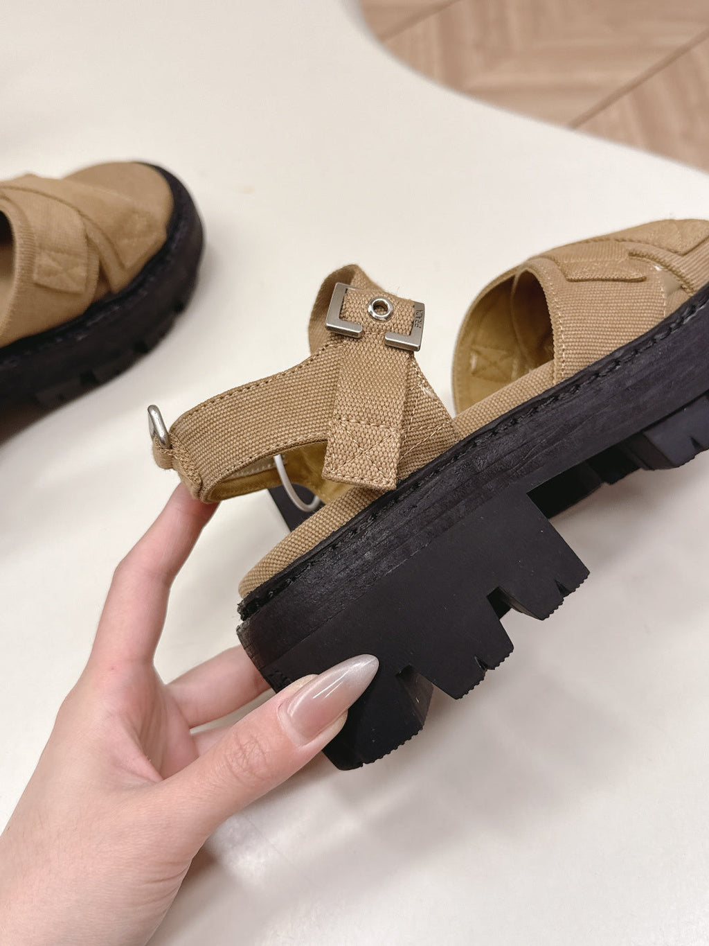 PRADA 26S CROSS STRAP CHUNKY SOLE SANDALS IN BROWN CANVAS