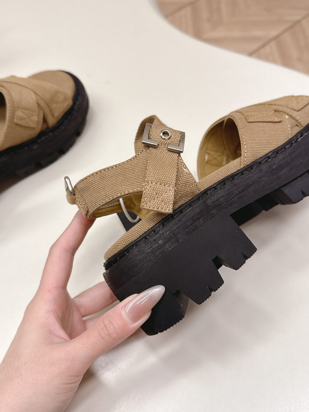 PRADA 26S CROSS STRAP CHUNKY SOLE SANDALS IN BROWN CANVAS