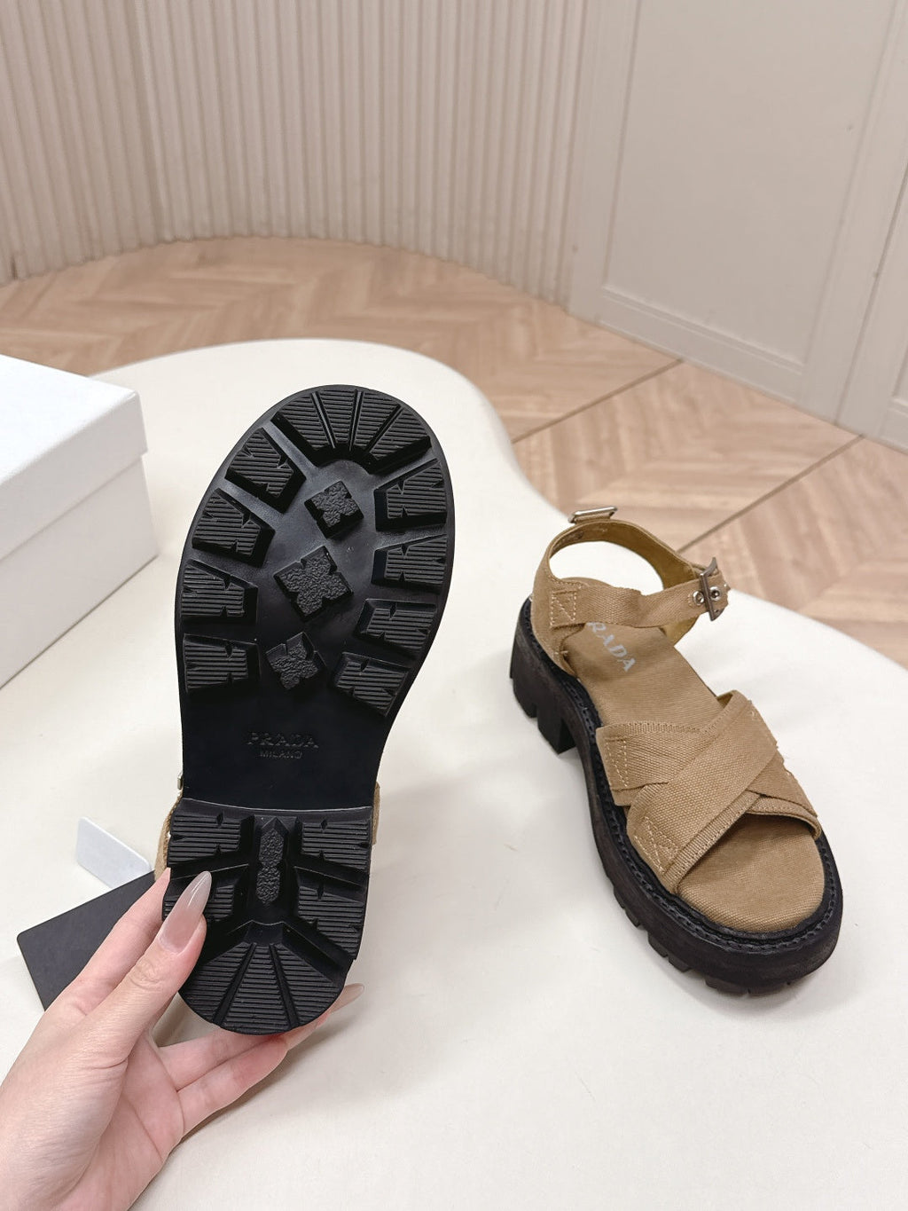 PRADA 26S CROSS STRAP CHUNKY SOLE SANDALS IN BROWN CANVAS