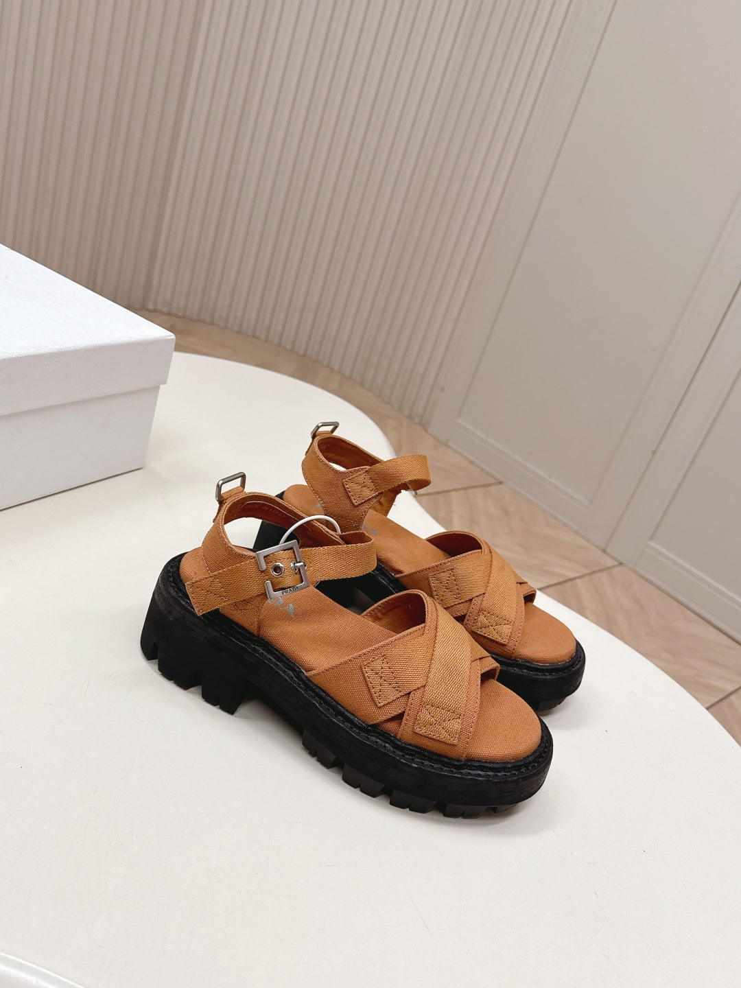 PRADA 26S CROSS STRAP CHUNKY SOLE SANDALS IN CARAMEL BROWN CANVAS