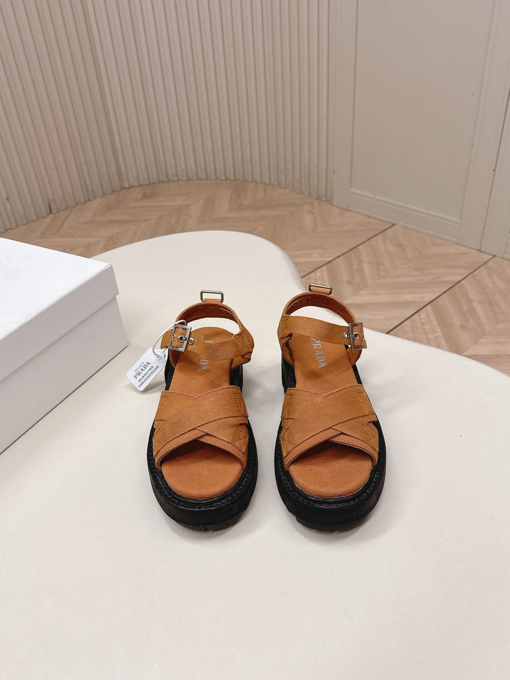 PRADA 26S CROSS STRAP CHUNKY SOLE SANDALS IN CARAMEL BROWN CANVAS