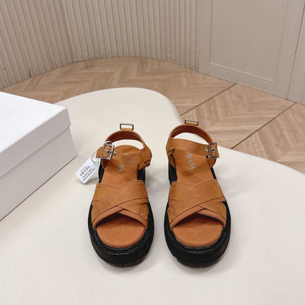 PRADA 26S CROSS STRAP CHUNKY SOLE SANDALS IN CARAMEL BROWN CANVAS