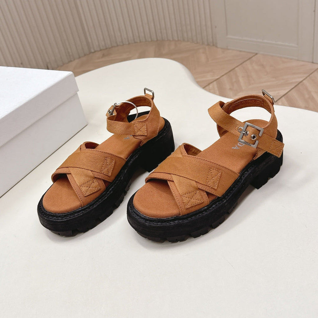 PRADA 26S CROSS STRAP CHUNKY SOLE SANDALS IN CARAMEL BROWN CANVAS