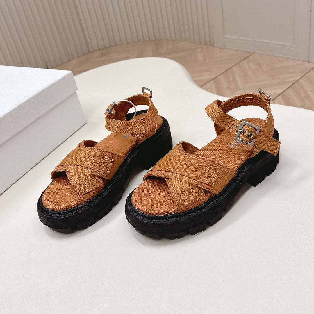 PRADA 26S CROSS STRAP CHUNKY SOLE SANDALS IN CARAMEL BROWN CANVAS