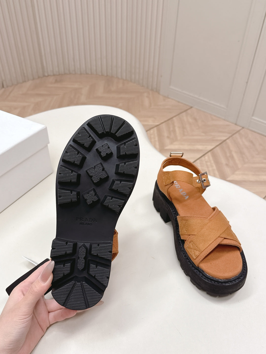PRADA 26S CROSS STRAP CHUNKY SOLE SANDALS IN CARAMEL BROWN CANVAS