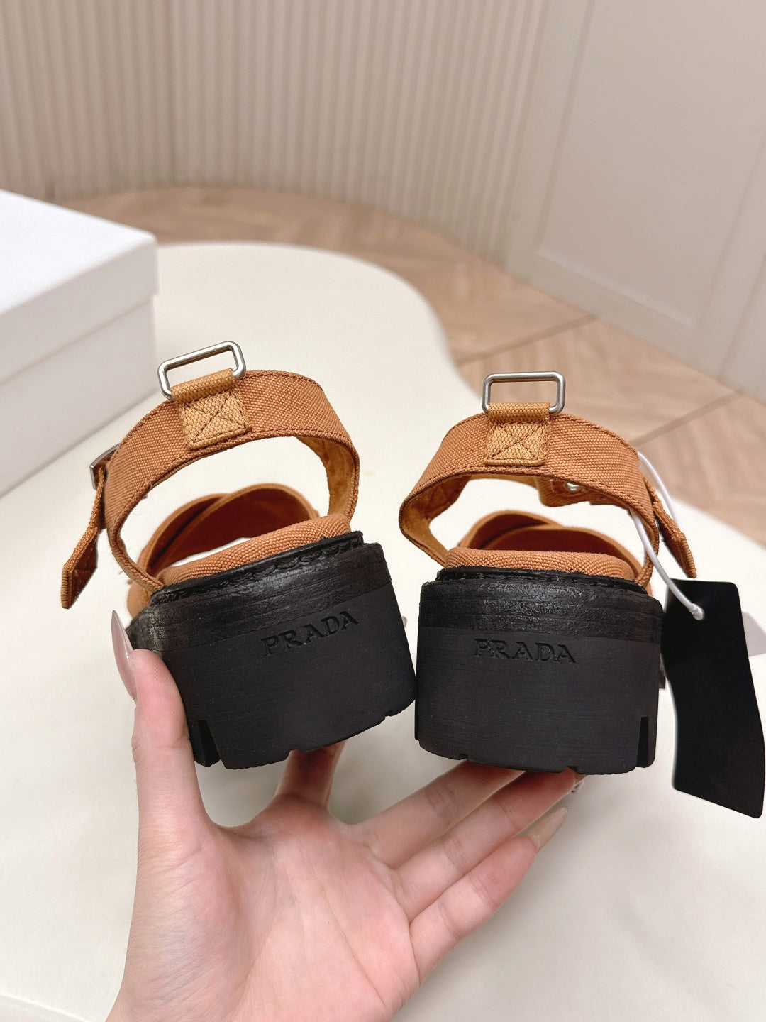 PRADA 26S CROSS STRAP CHUNKY SOLE SANDALS IN CARAMEL BROWN CANVAS