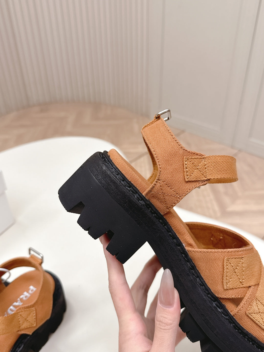 PRADA 26S CROSS STRAP CHUNKY SOLE SANDALS IN CARAMEL BROWN CANVAS