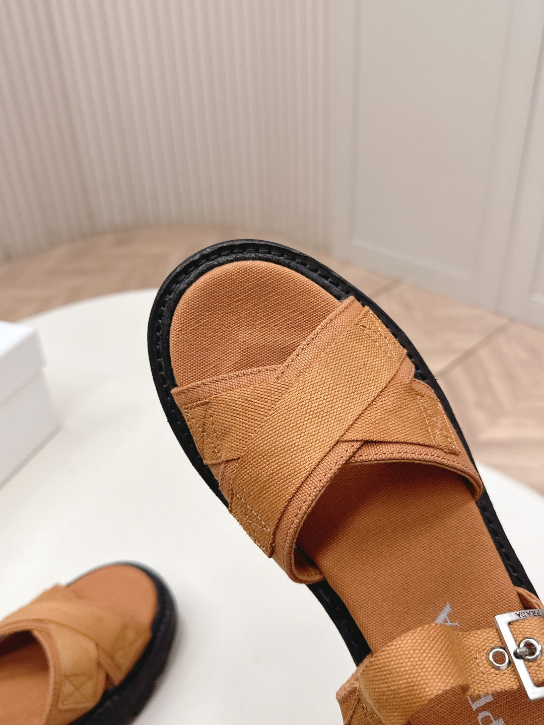PRADA 26S CROSS STRAP CHUNKY SOLE SANDALS IN CARAMEL BROWN CANVAS