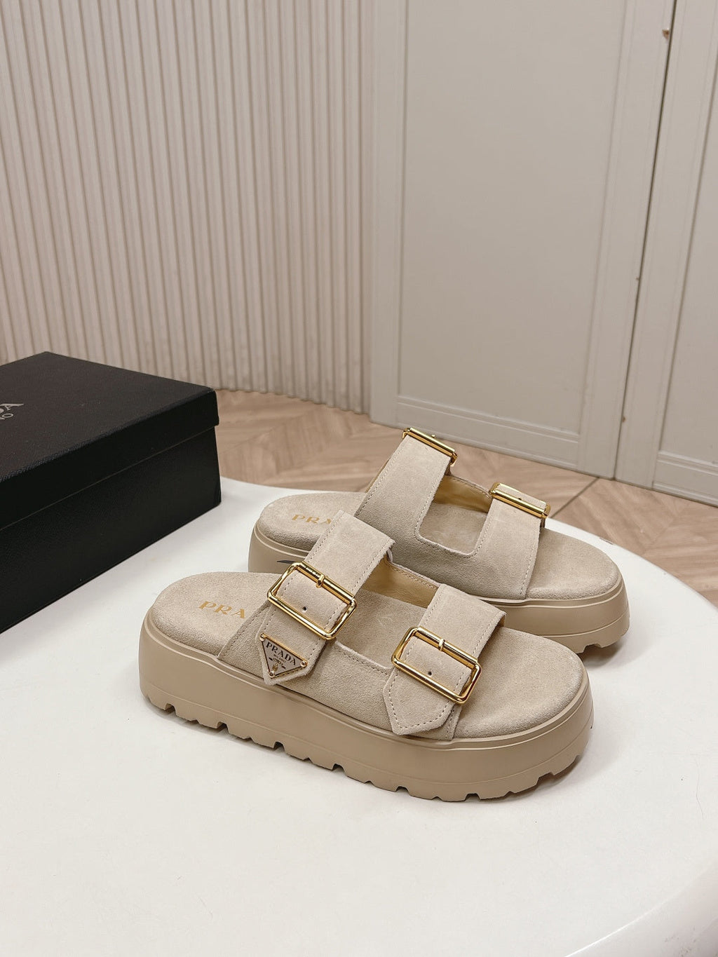 PRADA 26S DOUBLE STRAP PLATFORM SLIDES SANDALS IN BEIGE SUEDE