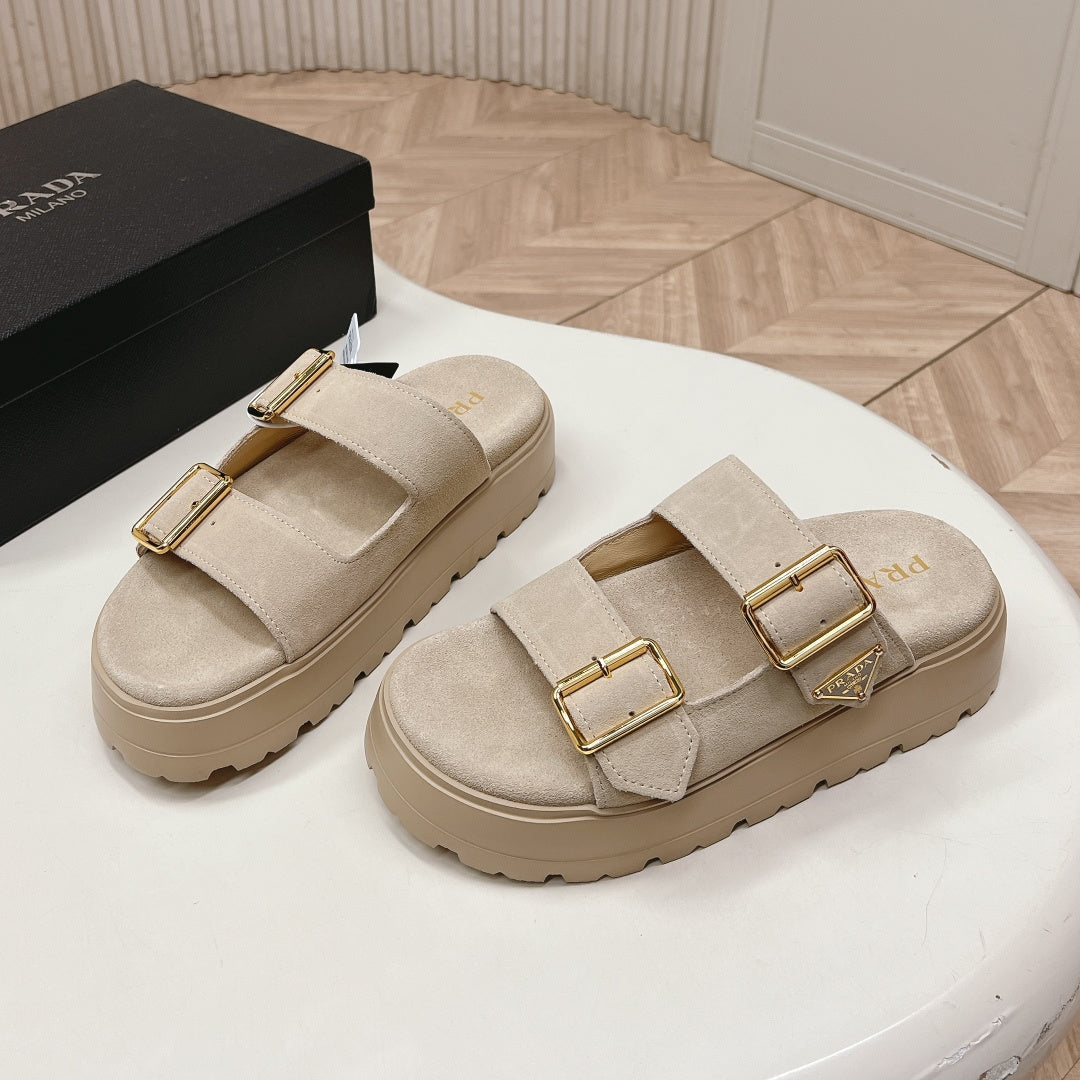 PRADA 26S DOUBLE STRAP PLATFORM SLIDES SANDALS IN BEIGE SUEDE