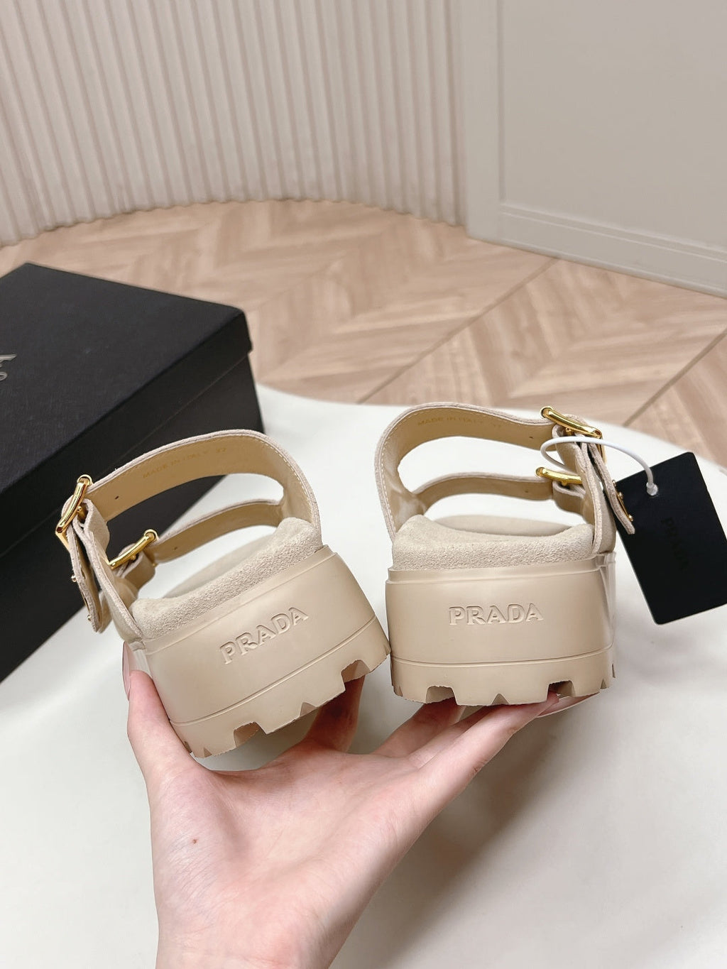 PRADA 26S DOUBLE STRAP PLATFORM SLIDES SANDALS IN BEIGE SUEDE