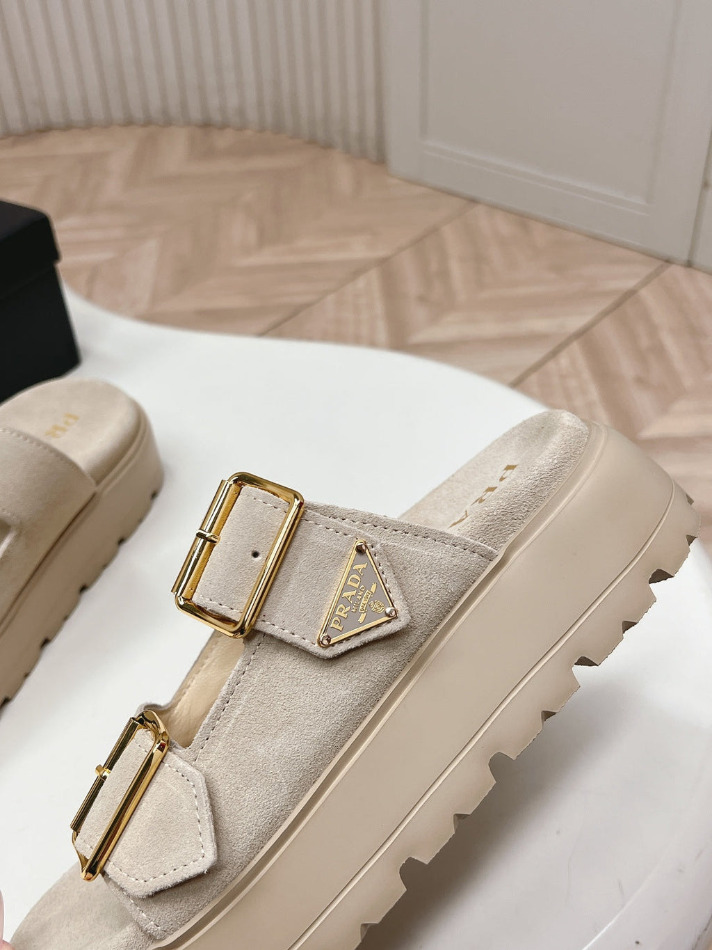 PRADA 26S DOUBLE STRAP PLATFORM SLIDES SANDALS IN BEIGE SUEDE