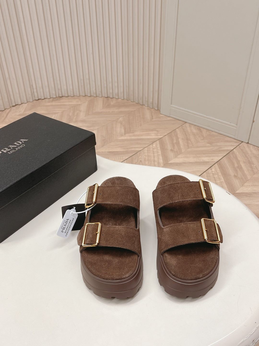 PRADA 26S DOUBLE STRAP PLATFORM SLIDES SANDALS IN BROWN SUEDE