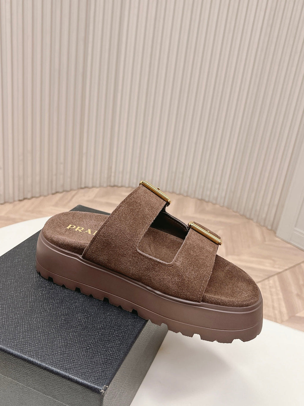 PRADA 26S DOUBLE STRAP PLATFORM SLIDES SANDALS IN BROWN SUEDE