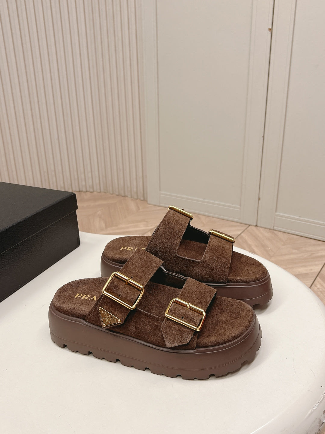PRADA 26S DOUBLE STRAP PLATFORM SLIDES SANDALS IN BROWN SUEDE