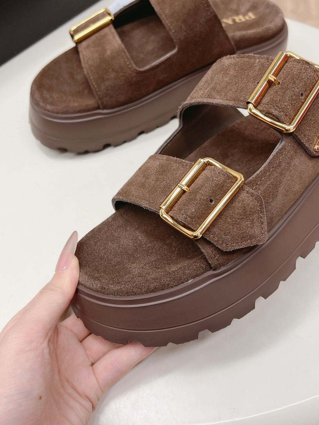 PRADA 26S DOUBLE STRAP PLATFORM SLIDES SANDALS IN BROWN SUEDE