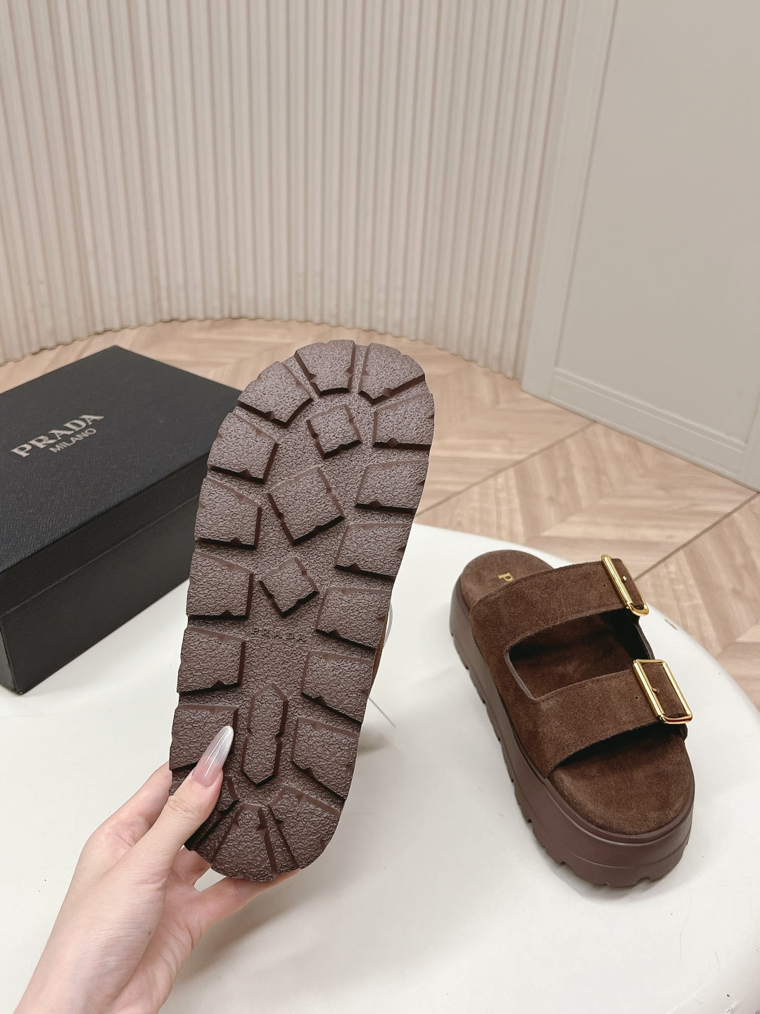 PRADA 26S DOUBLE STRAP PLATFORM SLIDES SANDALS IN BROWN SUEDE