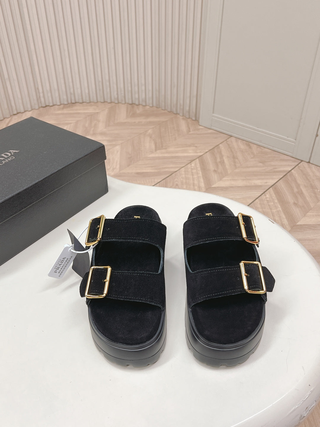 PRADA 26S DOUBLE STRAP PLATFORM SLIDES SANDALS IN BLACK SUEDE