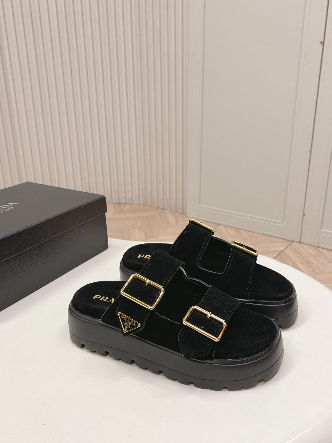 PRADA 26S DOUBLE STRAP PLATFORM SLIDES SANDALS IN BLACK SUEDE