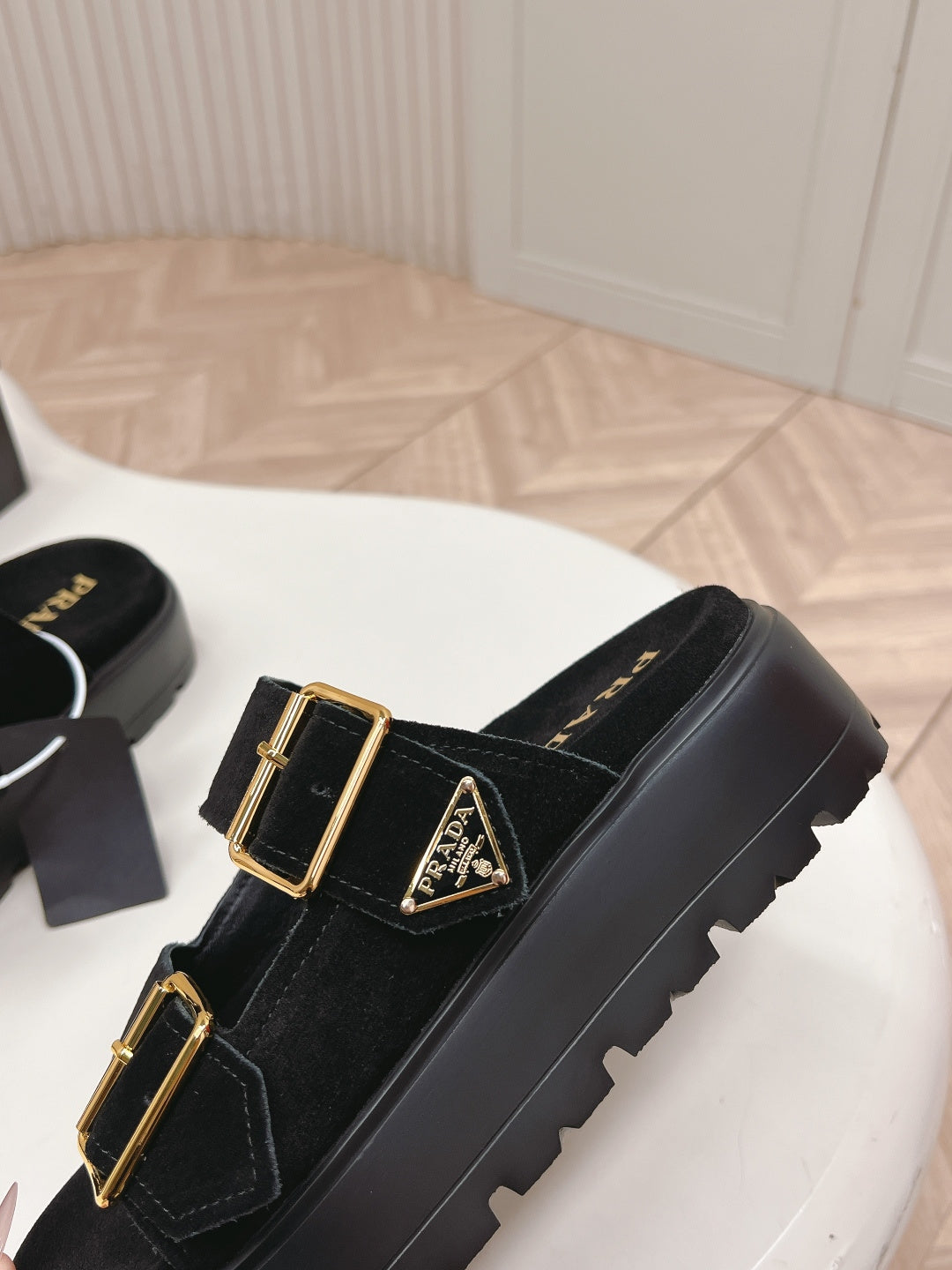 PRADA 26S DOUBLE STRAP PLATFORM SLIDES SANDALS IN BLACK SUEDE